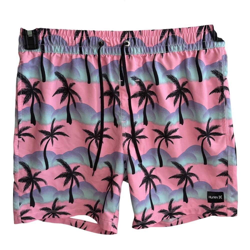 Hurley Tropical Palm Tree Print Swim Trunks Pink Blue Men's Small Vacation Beach